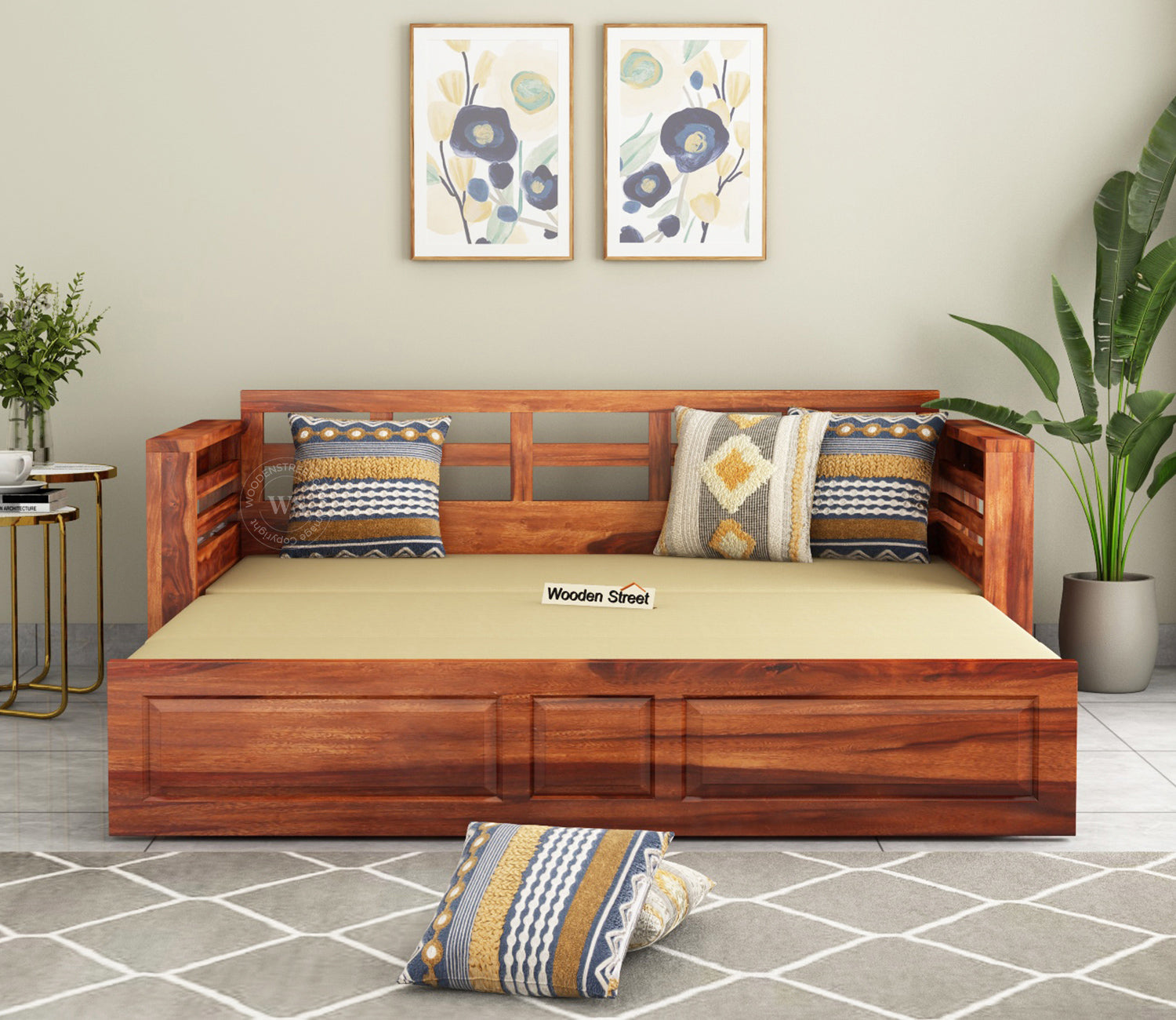 Feltro Sheesham Wood Sofa Bed With Storage (Queen Size, Honey Irish Cream)