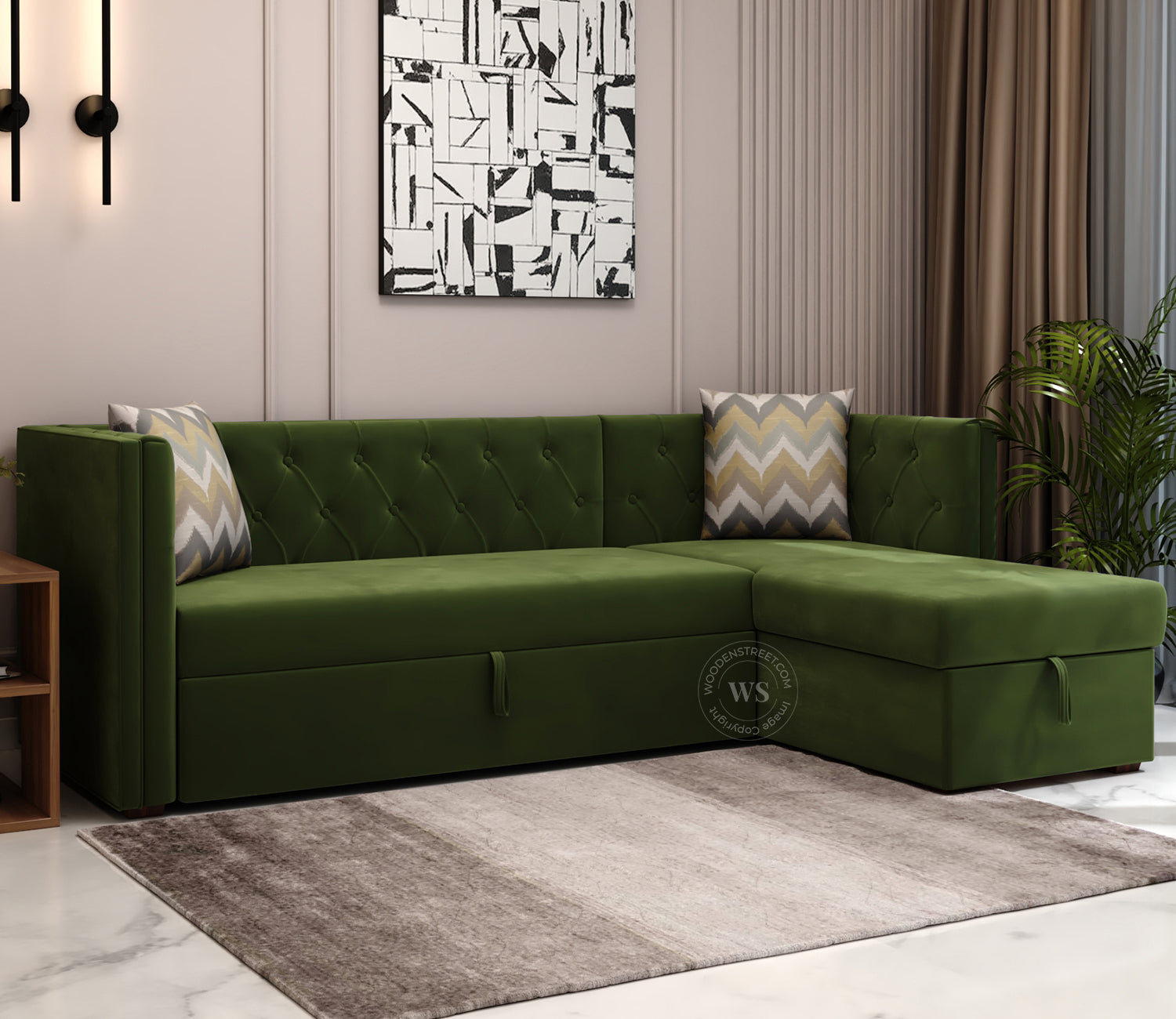 Berlin Right Aligned Convertible Sofa Cum Bed with Storage (Velvet, Dark Olive Green)