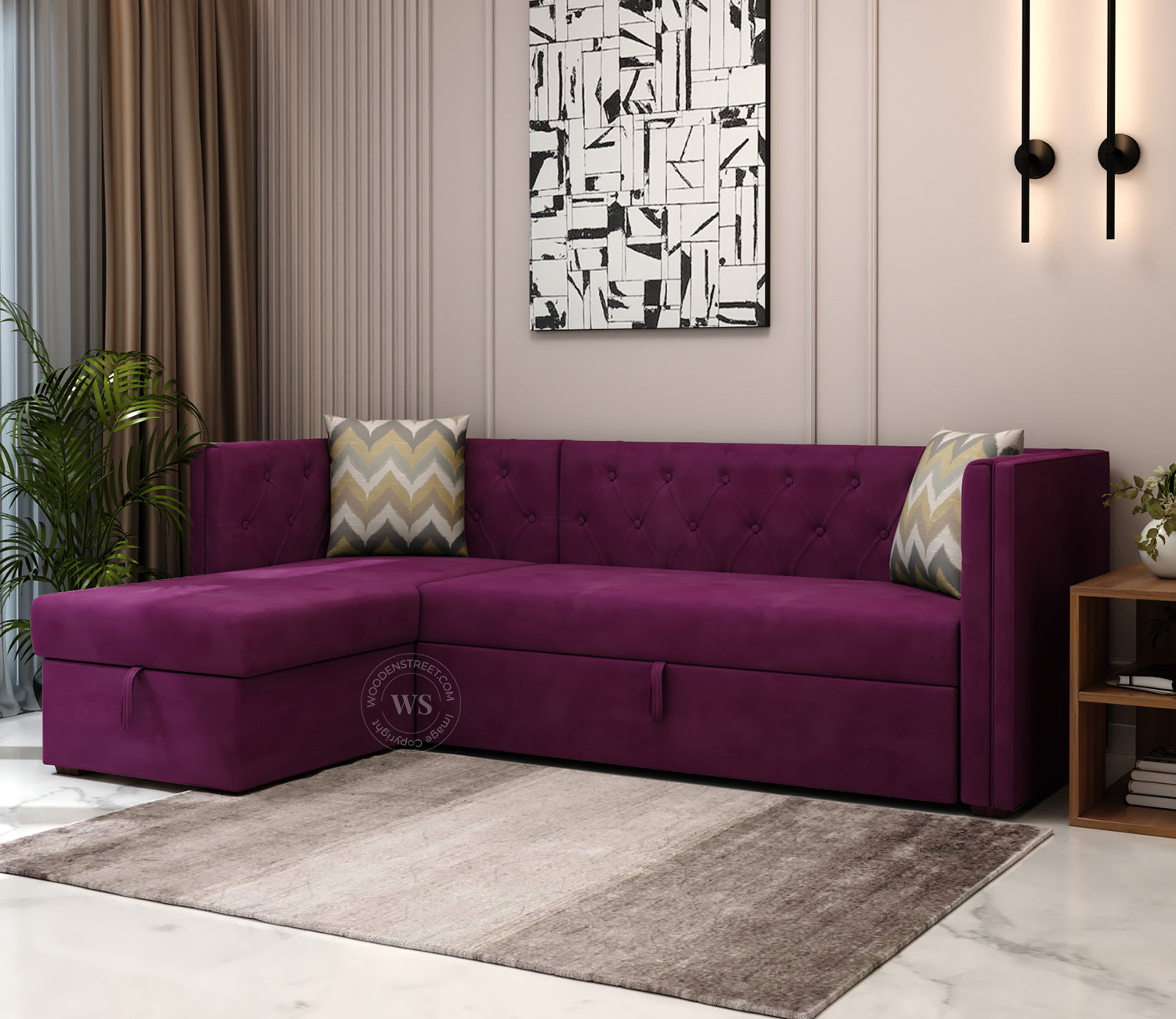 Berlin Left Aligned Convertible Sofa Cum Bed with Storage (Velvet, Mulberry Pink)