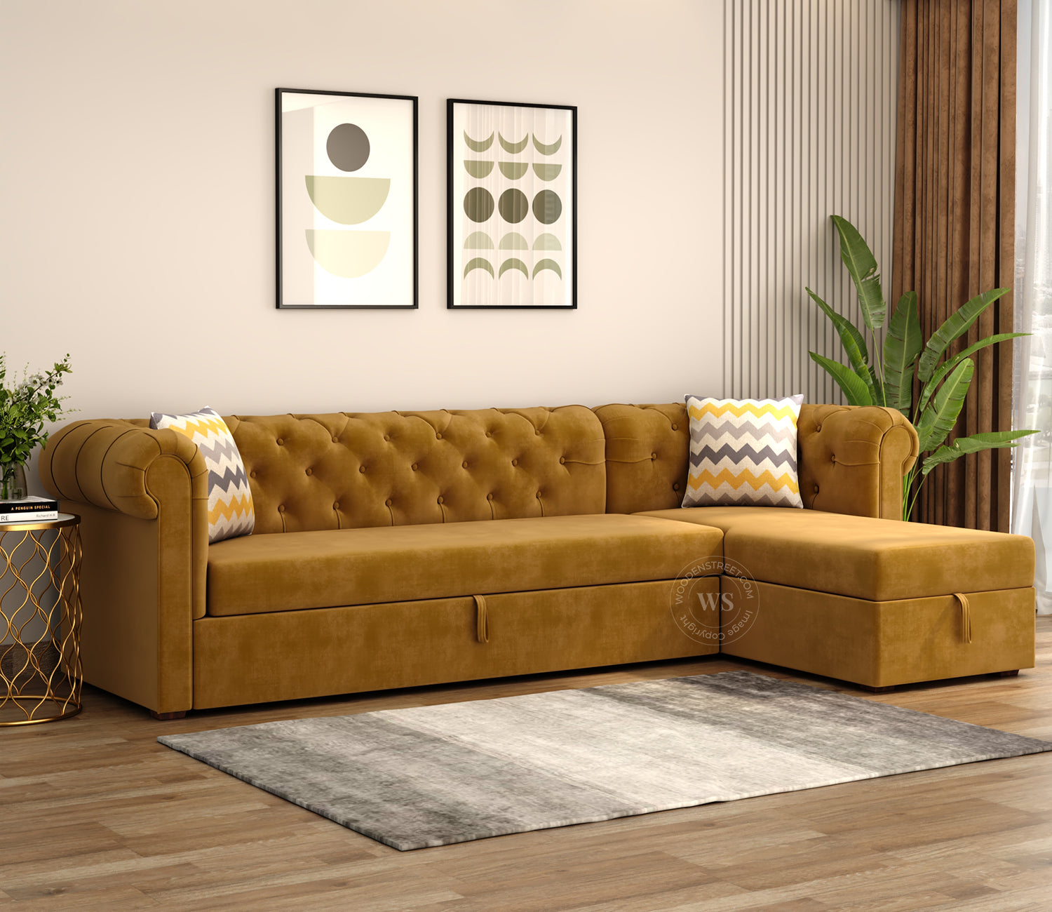 Henry Right Aligned Convertible Sofa Cum Bed with Storage (Velvet, Chestnut Brown)