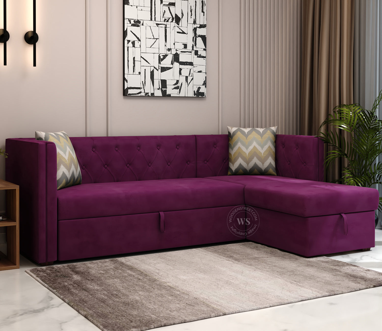 Berlin Right Aligned Convertible Sofa Cum Bed with Storage (Velvet, Mulberry Pink)