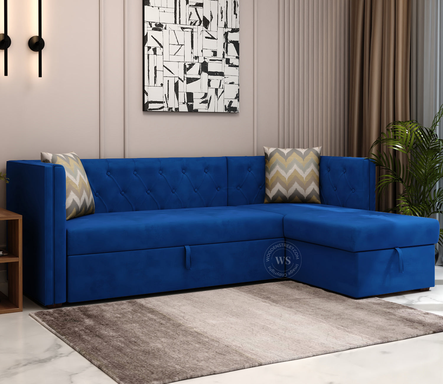 Berlin Right Aligned Convertible Sofa Cum Bed with Storage (Velvet, Indigo Blue)