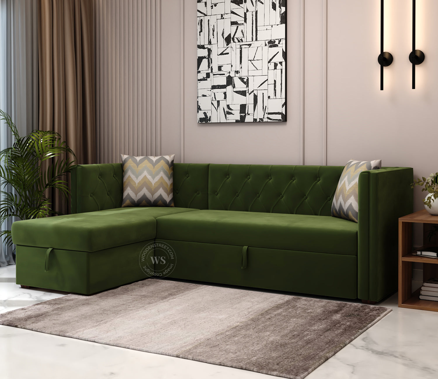 Berlin Left Aligned Convertible Sofa Cum Bed with Storage (Velvet, Dark Olive Green)