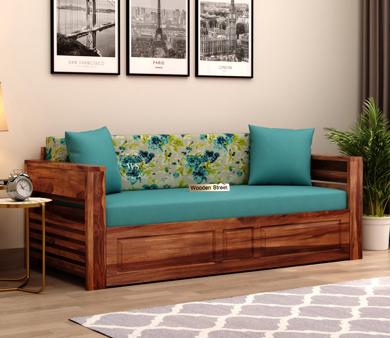 Feltro Sheesham Wood Sofa Bed With Storage (Queen Size, Honey Teal Aqua Marine)