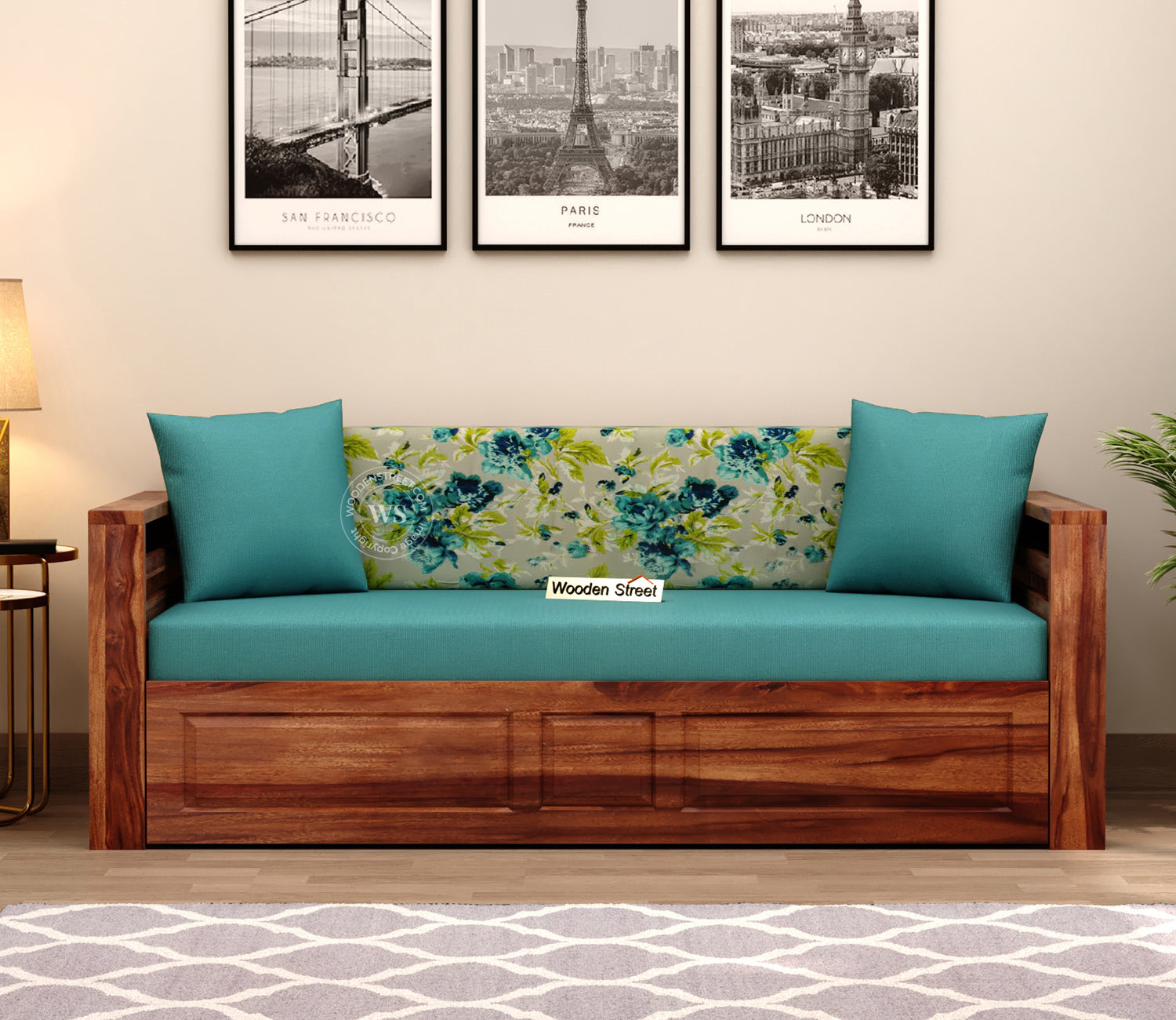 Feltro Sheesham Wood Sofa Bed With Storage (Queen Size, Honey Teal Aqua Marine)