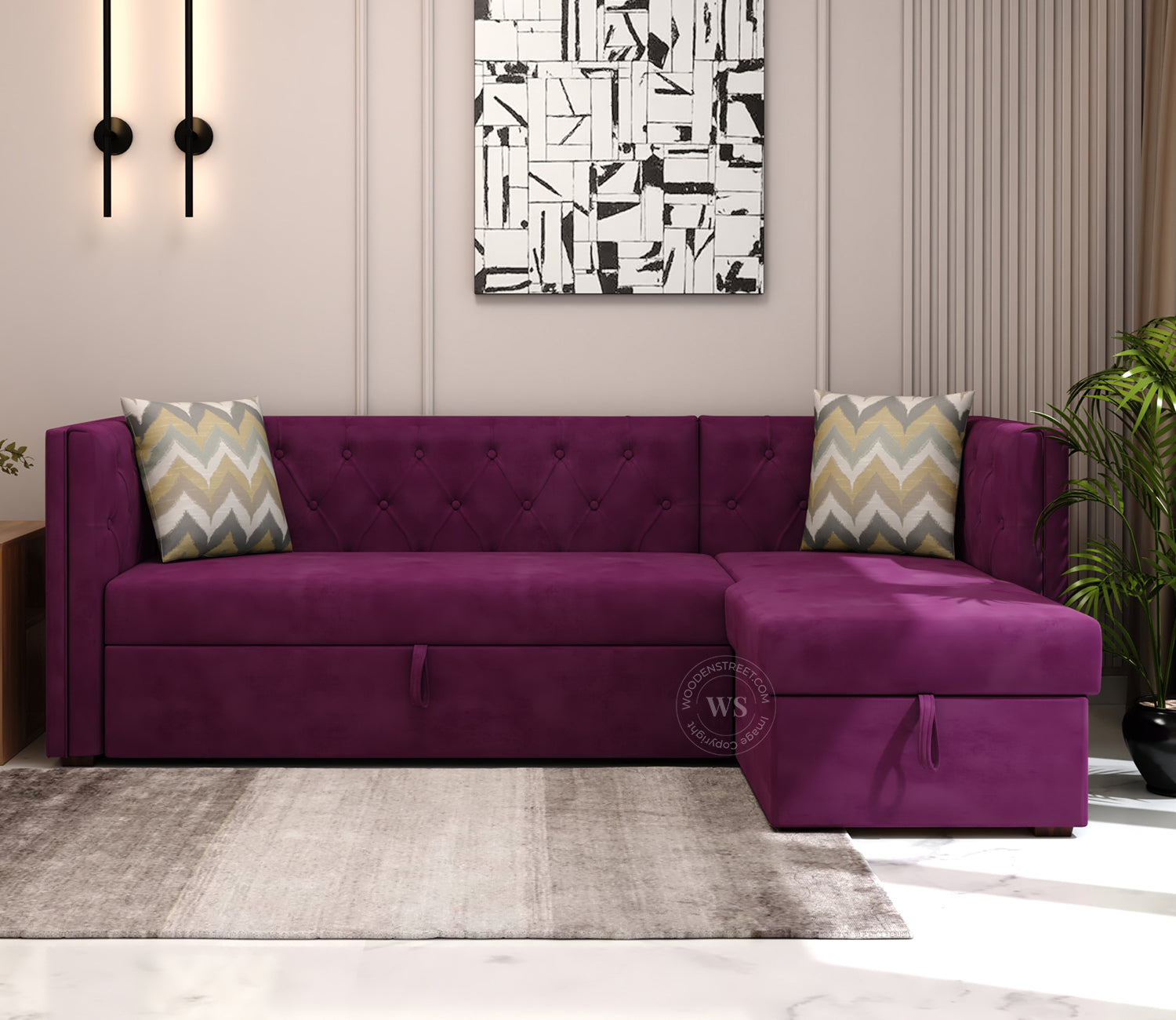 Berlin Right Aligned Convertible Sofa Cum Bed with Storage (Velvet, Mulberry Pink)