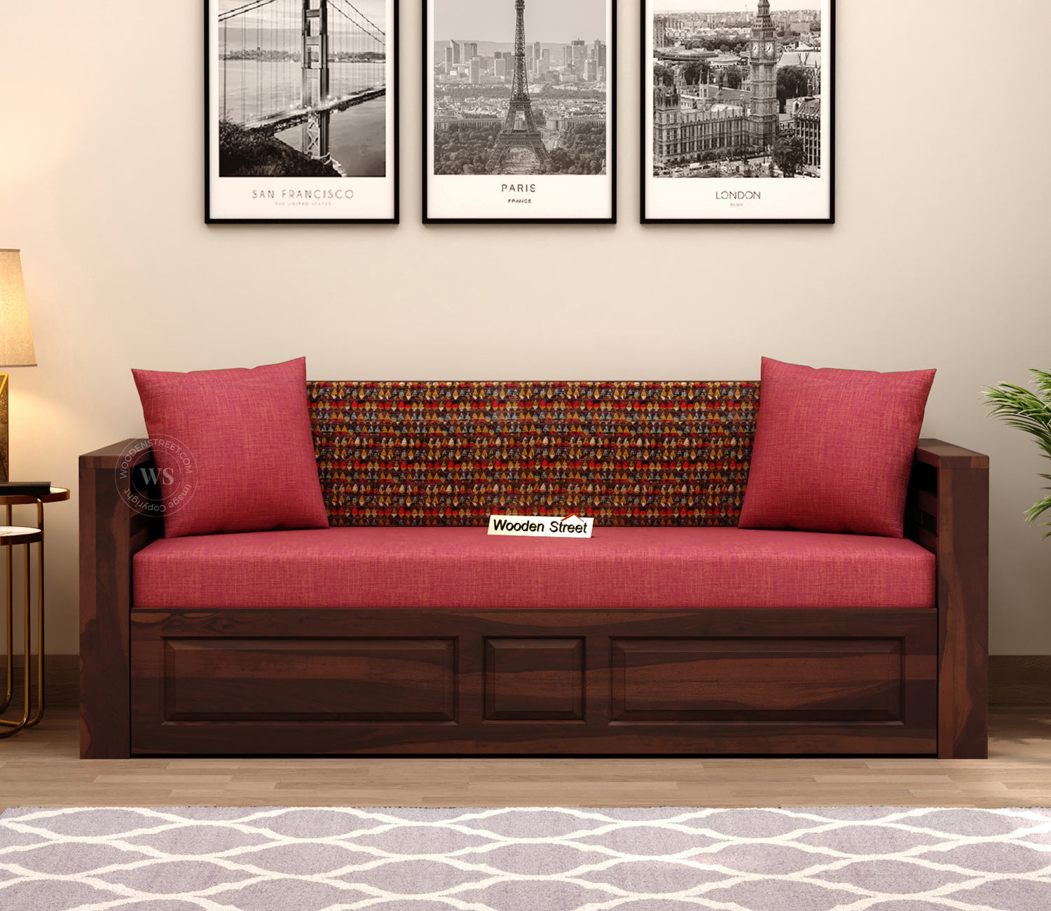 Feltro Sheesham Wood Sofa Bed With Storage (Queen Size, Walnut Berry Diamonds)