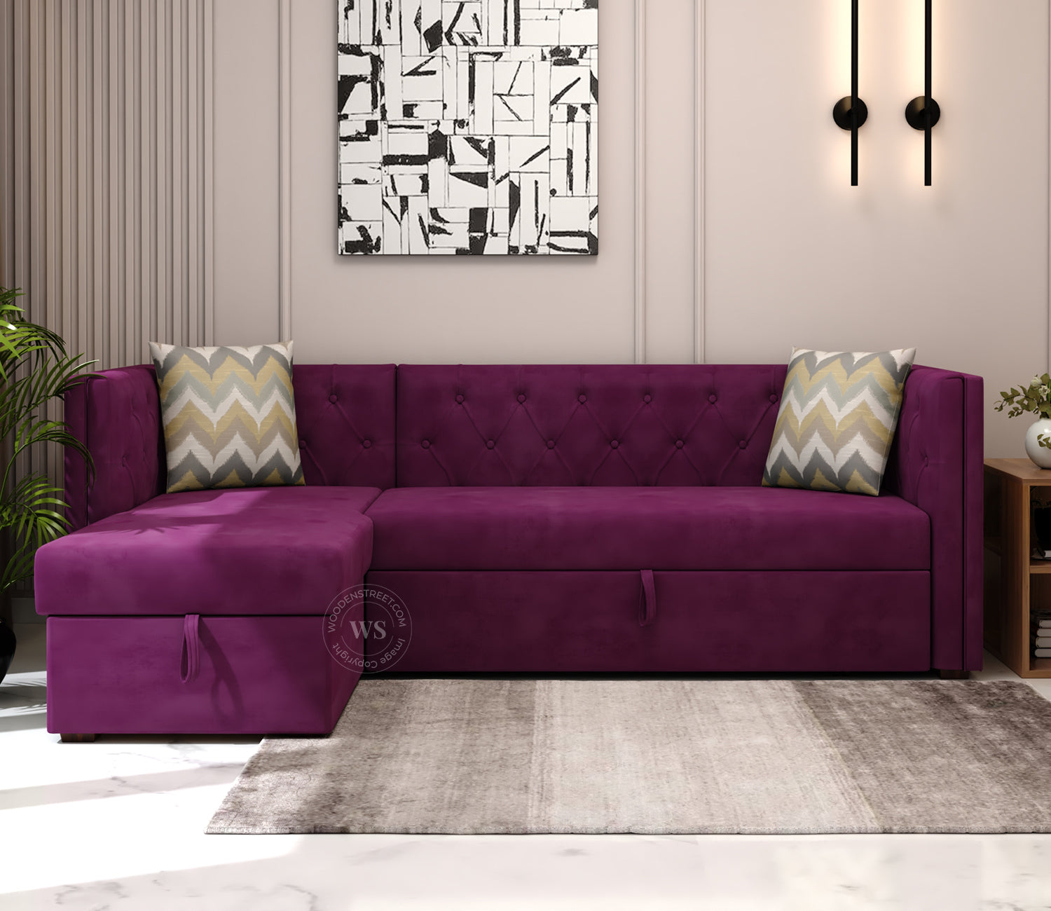 Berlin Left Aligned Convertible Sofa Cum Bed with Storage (Velvet, Mulberry Pink)